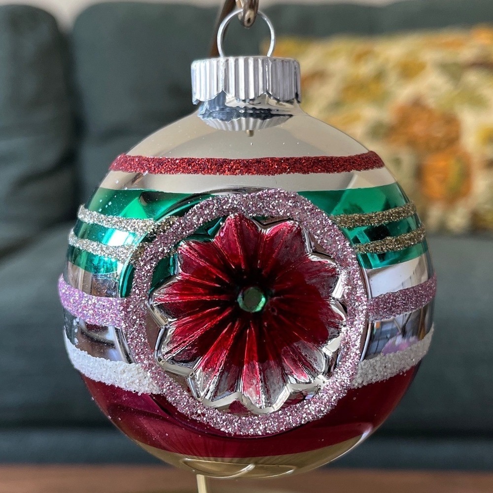Radko Shiny Brite Glitter Striped Ornament Indent Ball Pink‎ Teal blue jumbo